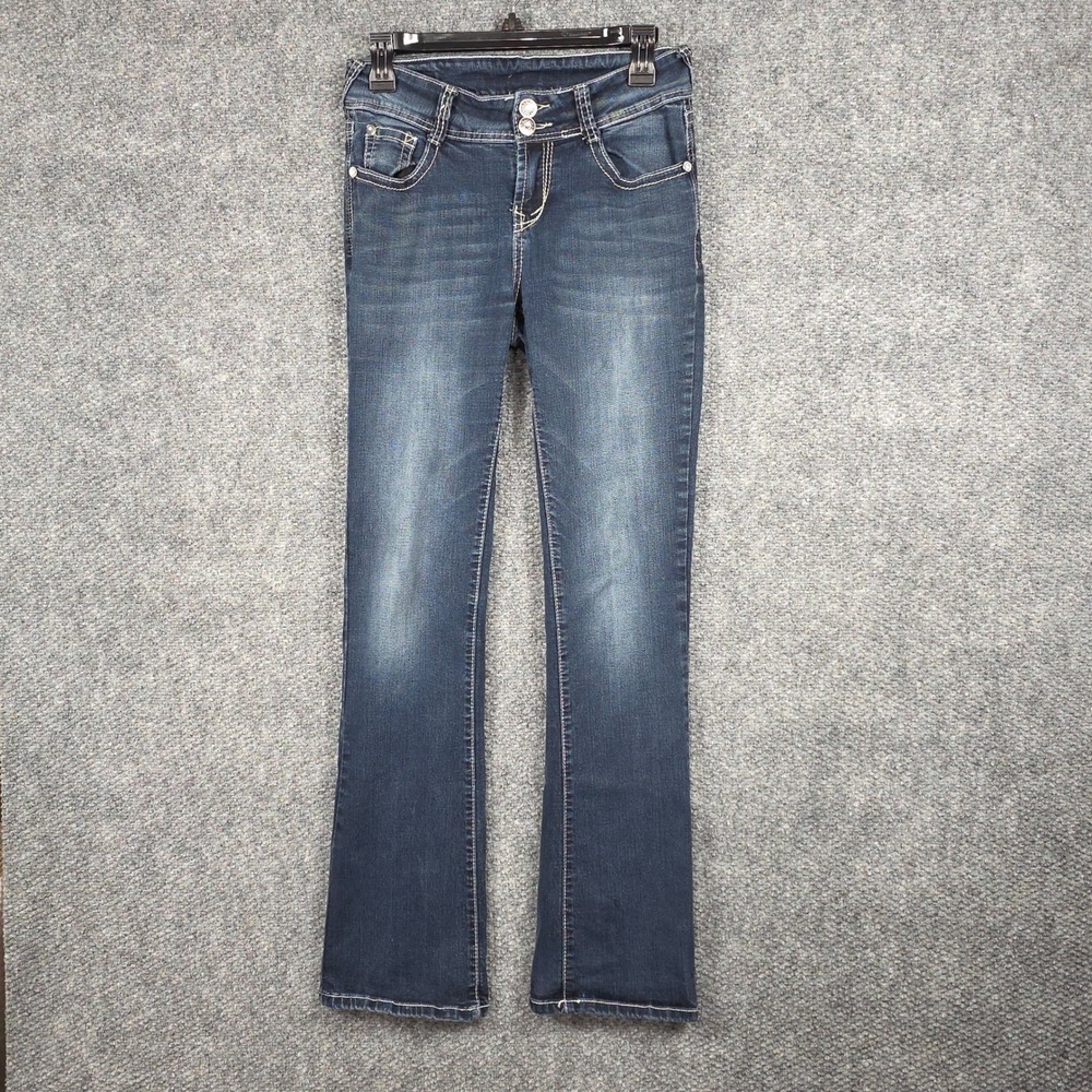 WallFlower Women 7 Bootcut Jeans Dark Wash Embroidered Rhinestone Pockets